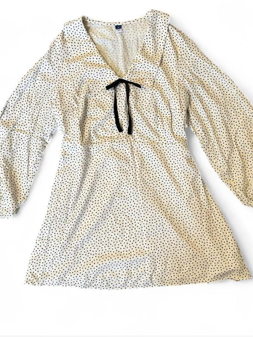 Old Navy Cream Polka Dot Dress XL V Neck Collar Long Sleeves Coquette Kawaii